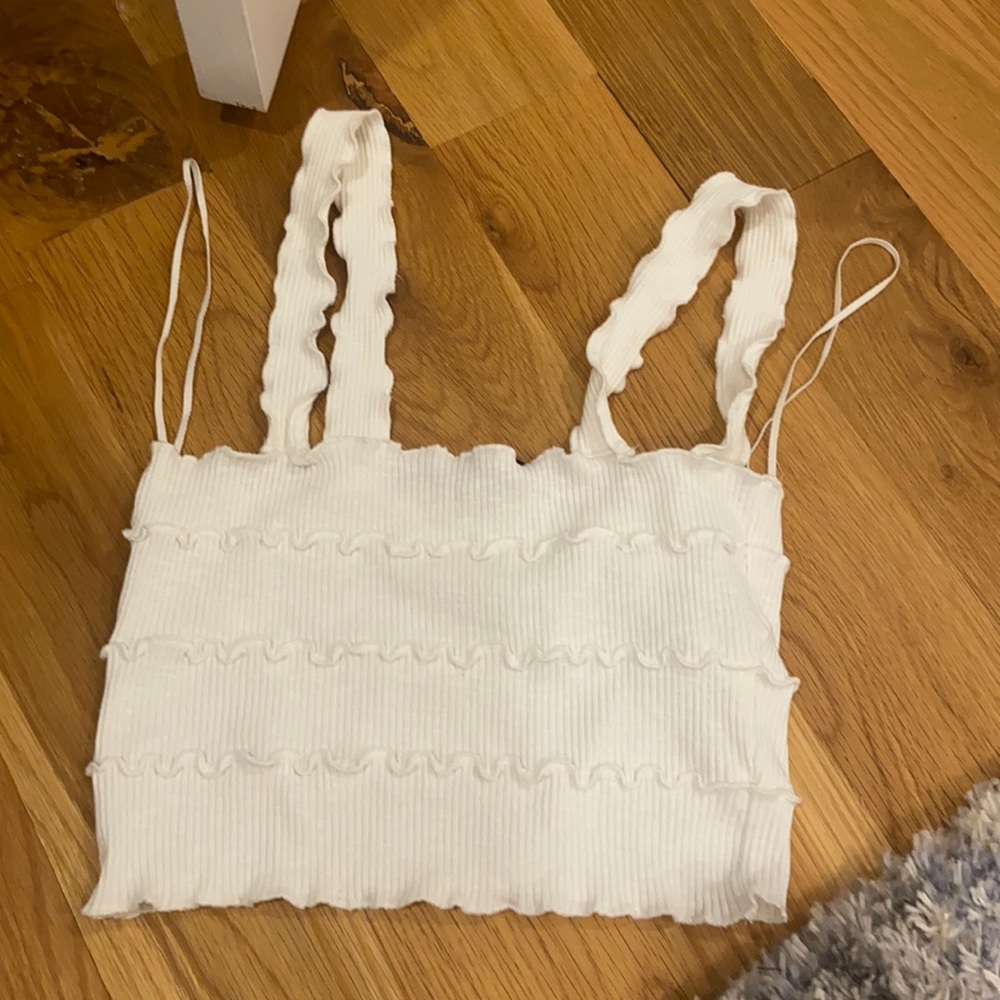 Zara white ribbed tank with small ruffle detailing